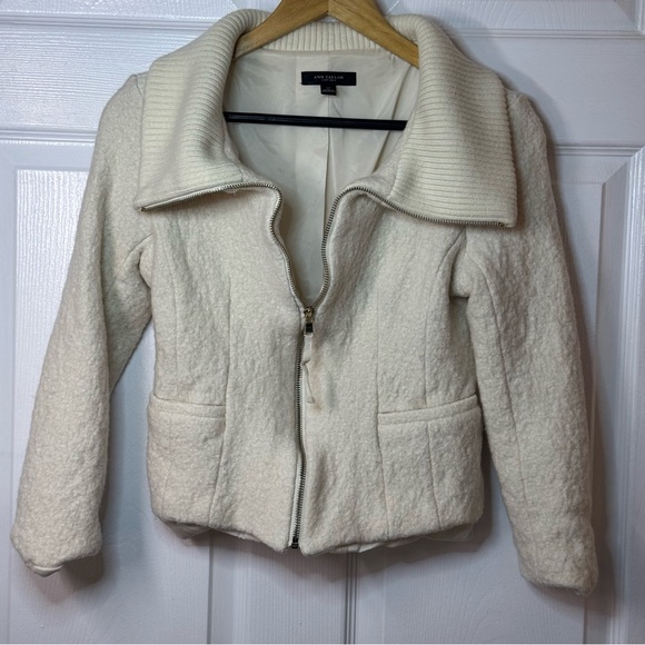 Ann Taylor Wool Sweater Jacket Coat Gold Zipper Off white Sz 12 Over Coat - Picture 12 of 16